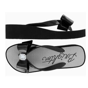 Brighton Bowie Wedge Flip Flops Womens Size 9 Black Bow with Bling Dressy Glam